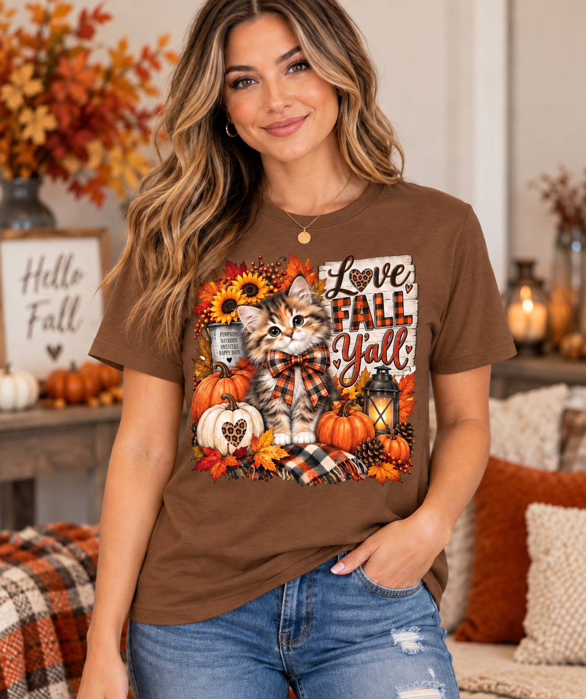"Love Fall Ya'll" Kitten T-shirt Ladies